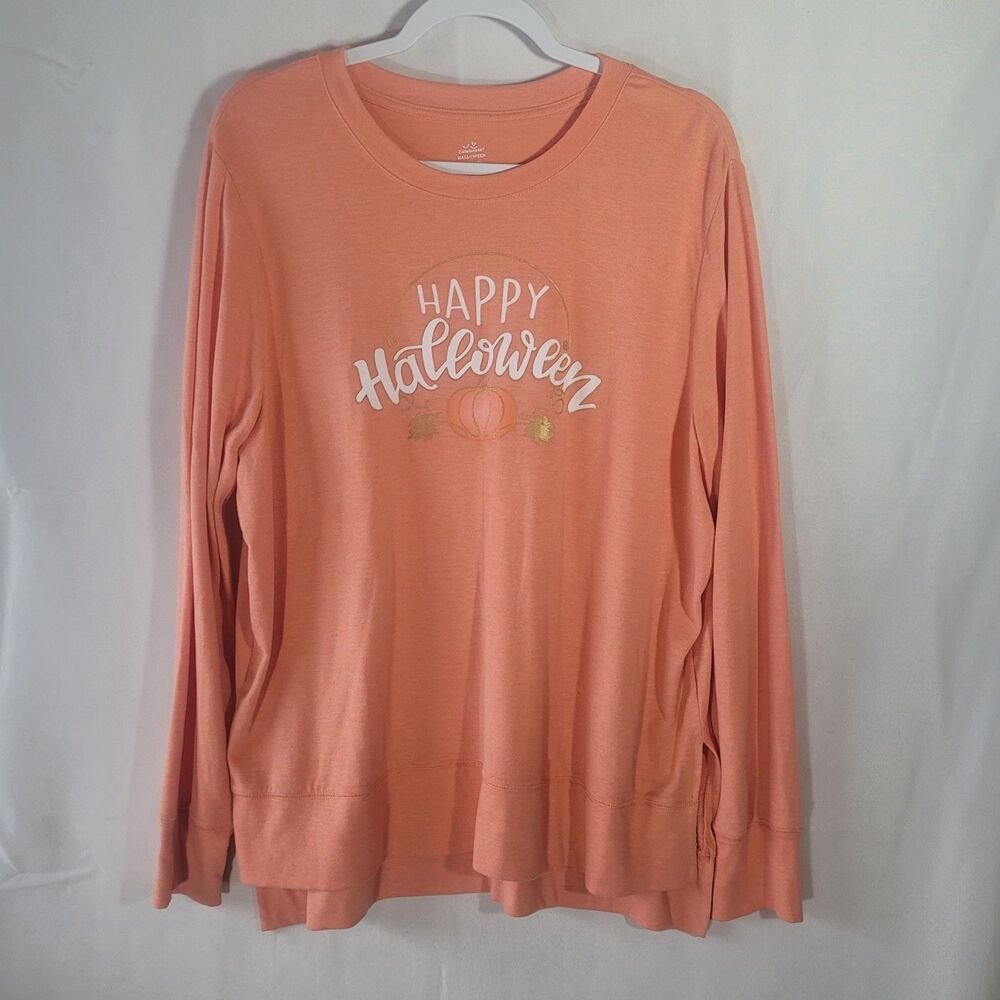 Way to Celebrate Halloween Knit Graphic Shirt Soft Orange Pumpkin XL Long Sleeve